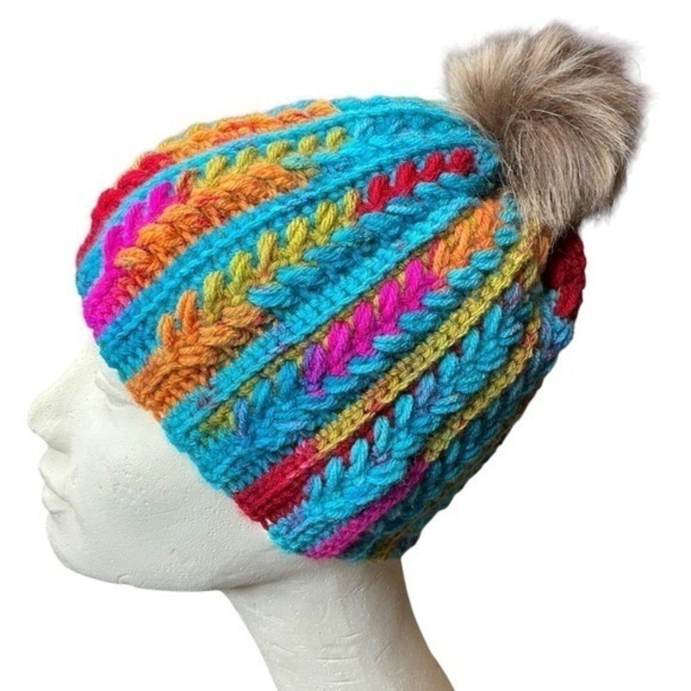 Handcrafted Crochet Multicolor Winter Hat Snowy Wheat Stitch Beanie with Pom Pom